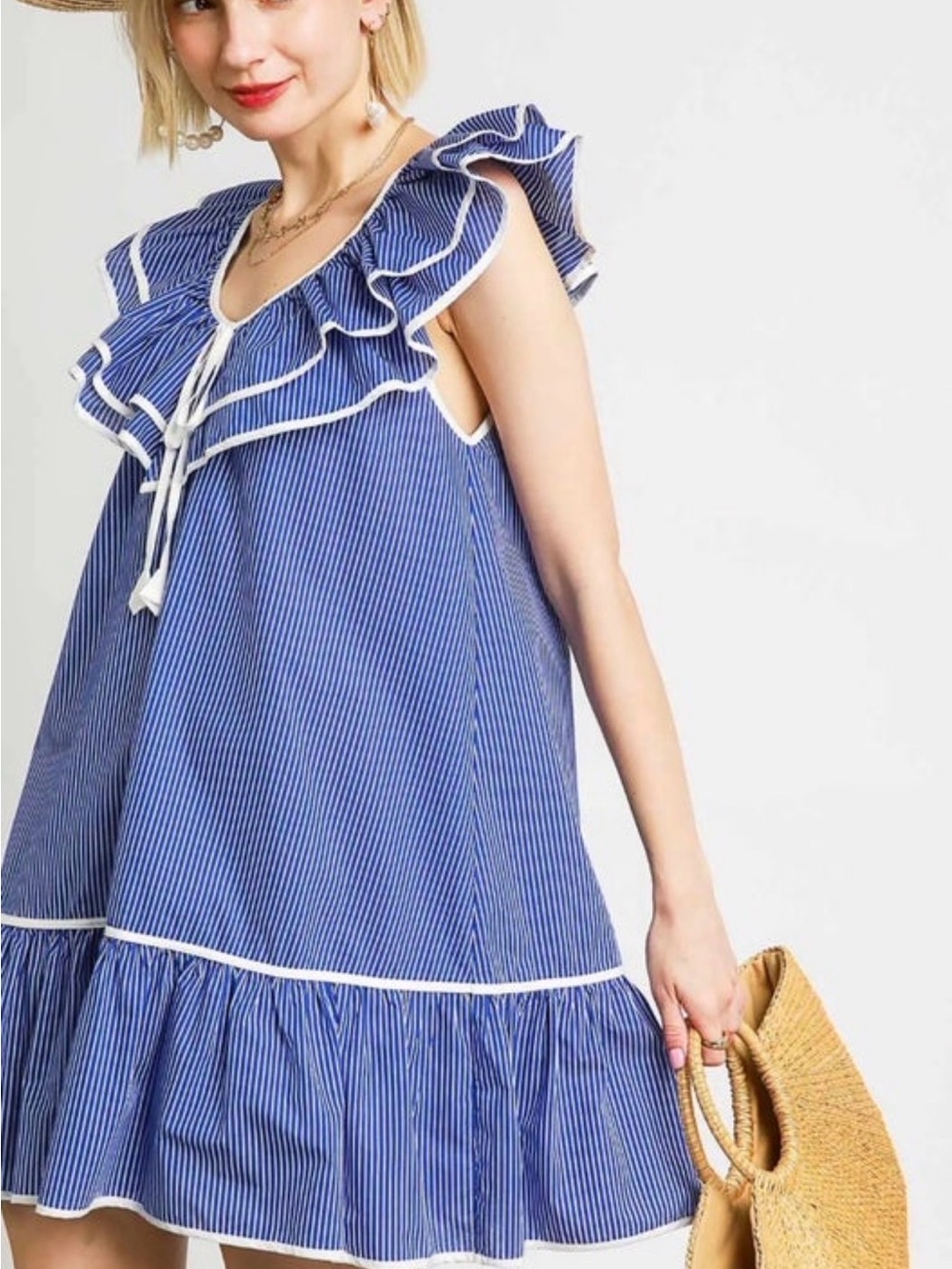 Umgee Blue and White Striped Ruffle Mini Dress - Picture 3 of 5